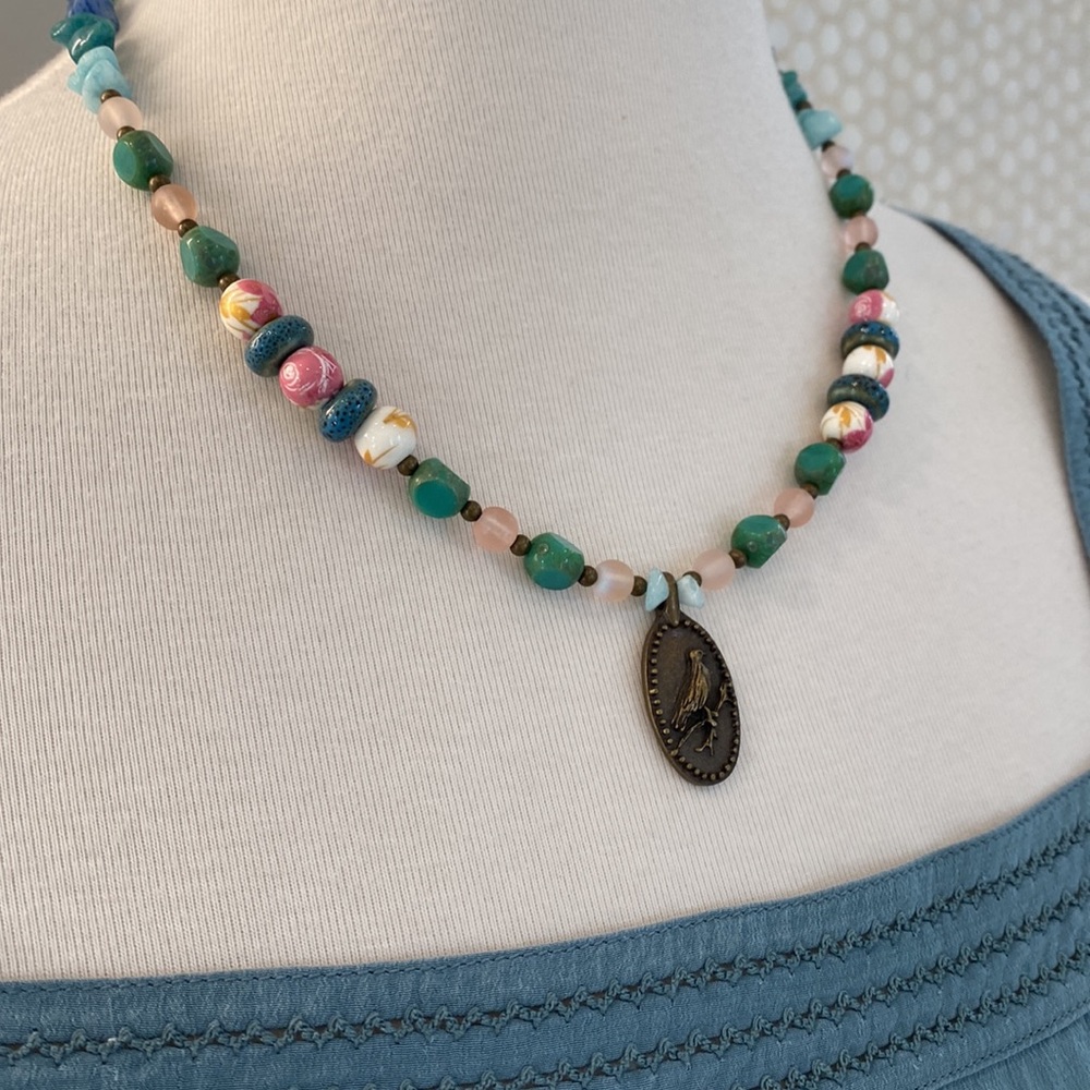 Bronze Bird-on-Branch Pendant -Handmade Beaded Necklace: Hematite, Jasper & more
